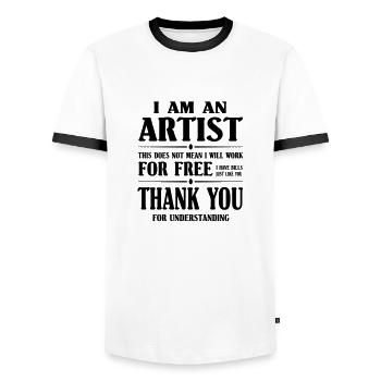 I am an Artist, I will not work for free - Männer Kontrast-T-Shirt - Weiß/Schwarz - Vorne - AI Model Female 172 light (172cm) & AI Model Male 178 dark (178cm)