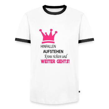 krone_weiter_gehts_4 - Männer Kontrast-T-Shirt - Weiß/Schwarz - Vorne - AI Model Female 172 light (172cm) & AI Model Male 178 dark (178cm)