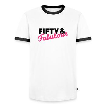50 Birthday - Men's Ringer Shirt - white/black - Front - AI Model Female 172 light (172cm) & AI Model Male 178 dark (178cm)