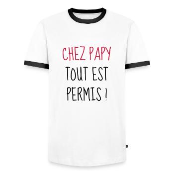 Chez Papy tout est permis ! Enfant - Bébé - Humour - T-shirt contrasté Homme - blanc/noir - Devant - AI Model Female 172 light (172cm) & AI Model Male 178 dark (178cm)
