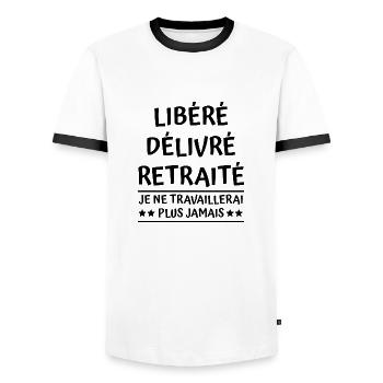 libéré délivré retraité - t-shirt humour retraite - T-shirt contrasté Homme - blanc/noir - Devant - AI Model Female 172 light (172cm) & AI Model Male 178 dark (178cm)
