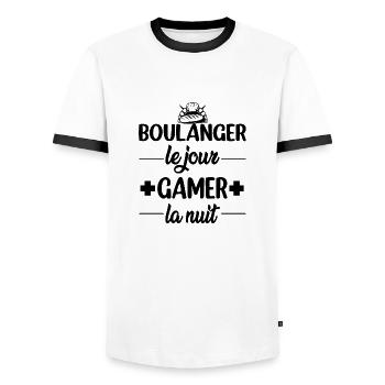 boulanger le jour gamer la nuit t-shirt homme - T-shirt contrasté Homme - blanc/noir - Devant - AI Model Female 172 light (172cm) & AI Model Male 178 dark (178cm)