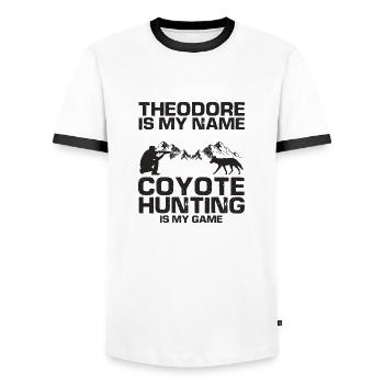 Capture de coyotes et conception de chasseur de coyotes - T-shirt contrasté Homme - blanc/noir - Devant - AI Model Female 172 light (172cm) & AI Model Male 178 dark (178cm)