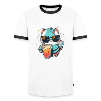 The coolest cat on the beach - Men's Ringer Shirt - white/black - Front - AI Model Female 172 light (172cm) & AI Model Male 178 dark (178cm)