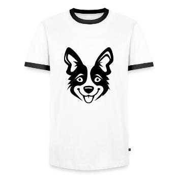 Happy Shiba Inu Dog Outstretched Tongue - Men's Ringer Shirt - white/black - Front - AI Model Female 172 light (172cm) & AI Model Male 178 dark (178cm)