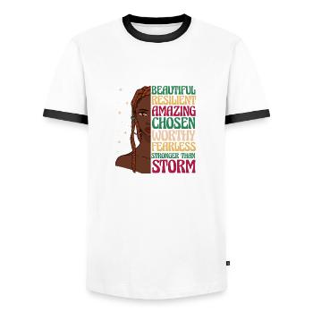 Citation d’une fille afro-américaine d’origine afro-américaine - T-shirt contrasté Homme - blanc/noir - Devant - AI Model Female 172 light (172cm) & AI Model Male 178 dark (178cm)