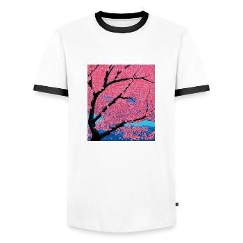 Cherry blossom against the background of mountains - Men's Ringer Shirt - white/black - Front - AI Model Female 172 light (172cm) & AI Model Male 178 dark (178cm)