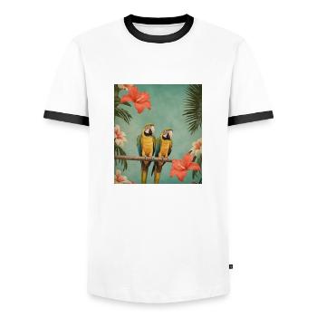 Zwei Papageien auf einem Ast mit Hibiskusblüten - Männer Kontrast-T-Shirt - Weiß/Schwarz - Vorne - AI Model Female 172 light (172cm) & AI Model Male 178 dark (178cm)