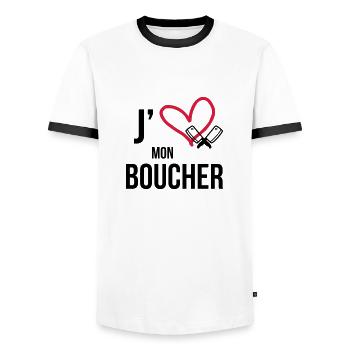 J'aime mon Boucher - T-shirt contrasté Homme - blanc/noir - Devant - AI Model Female 172 light (172cm) & AI Model Male 178 dark (178cm)