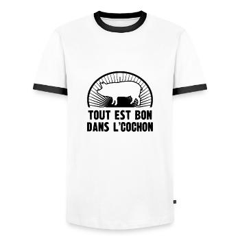 tout est bon dans le cochon - T-shirt contrasté Homme - blanc/noir - Devant - AI Model Female 172 light (172cm) & AI Model Male 178 dark (178cm)