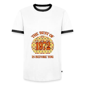 Year of birth 1972 Vintage Retro, birth, birthday - Men's Ringer Shirt - white/black - Front - AI Model Female 172 light (172cm) & AI Model Male 178 dark (178cm)