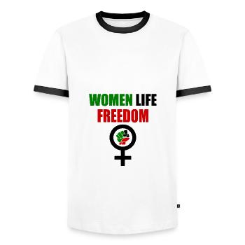 Women life freedom - Men's Ringer Shirt - white/black - Front - AI Model Female 172 light (172cm) & AI Model Male 178 dark (178cm)