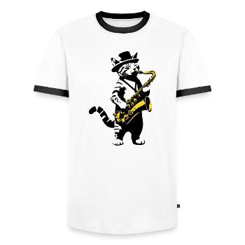 Katze Saxophon Musik Streetart Schablonen Stil - Männer Kontrast-T-Shirt - Weiß/Schwarz - Vorne - AI Model Female 172 light (172cm) & AI Model Male 178 dark (178cm)