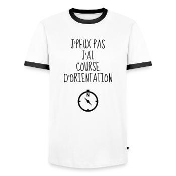 Orienteering / Orienteer / Orientierungslauf - Männer Kontrast-T-Shirt - Weiß/Schwarz - Vorne - AI Model Female 172 light (172cm) & AI Model Male 178 dark (178cm)