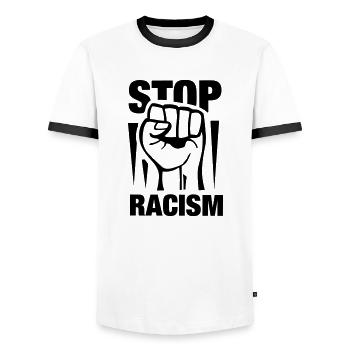 stop_racism_a_f1 - Men's Ringer Shirt - white/black - Front - AI Model Female 172 light (172cm) & AI Model Male 178 dark (178cm)