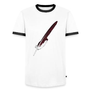 Large feather brown hand-drawn (red kite) - Men's Ringer Shirt - white/black - Front - AI Model Female 172 light (172cm) & AI Model Male 178 dark (178cm)