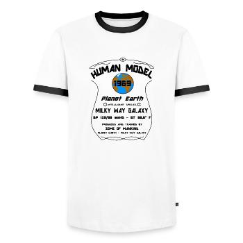 1969 - Men's Ringer Shirt - white/black - Front - AI Model Female 172 light (172cm) & AI Model Male 178 dark (178cm)