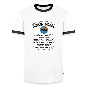 1974 - T-shirt contrasté Homme - blanc/noir - Devant - AI Model Female 172 light (172cm) & AI Model Male 178 dark (178cm)