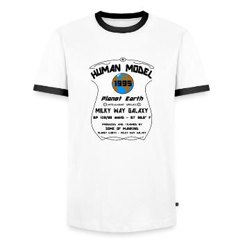 1995 - Men's Ringer Shirt - white/black - Front - AI Model Female 172 light (172cm) & AI Model Male 178 dark (178cm)