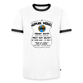 1994 - Men's Ringer Shirt - white/black - Front - AI Model Female 172 light (172cm) & AI Model Male 178 dark (178cm)