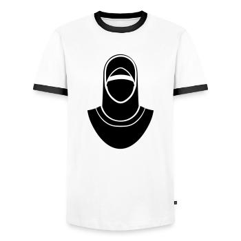 hijab foulard femme musulmane - T-shirt contrasté Homme - blanc/noir - Devant - AI Model Female 172 light (172cm) & AI Model Male 178 dark (178cm)