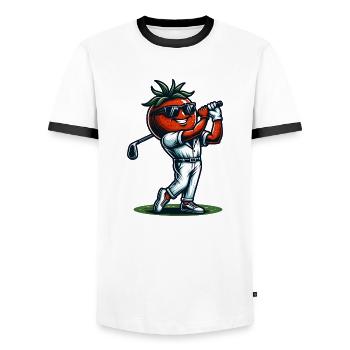 Swinging Tomato : Drôle de tomate de golf avec du style - T-shirt contrasté Homme - blanc/noir - Devant - AI Model Female 172 light (172cm) & AI Model Male 178 dark (178cm)