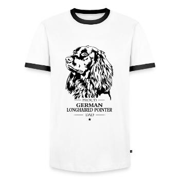 German Longhaired Pointer Dad Dog Dog Wilsigns - Men's Ringer Shirt - white/black - Front - AI Model Female 172 light (172cm) & AI Model Male 178 dark (178cm)