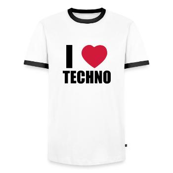 I LOVE TECHNO 2 - Männer Kontrast-T-Shirt - Weiß/Schwarz - Vorne - AI Model Female 172 light (172cm) & AI Model Male 178 dark (178cm)
