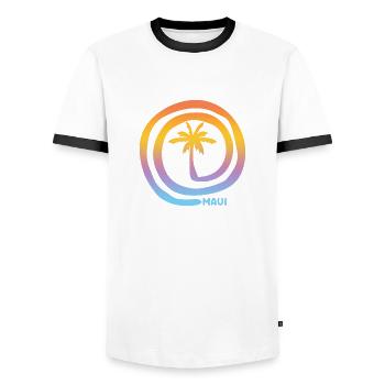 Cool Maui Hawaii Beach Palm Tree Vacation Souvenir - Men's Ringer Shirt - white/black - Front - AI Model Female 172 light (172cm) & AI Model Male 178 dark (178cm)