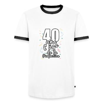 40 ans - T-shirt contrasté Homme - blanc/noir - Devant - AI Model Female 172 light (172cm) & AI Model Male 178 dark (178cm)