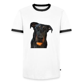View of the Beauceron - Men's Ringer Shirt - white/black - Front - AI Model Female 172 light (172cm) & AI Model Male 178 dark (178cm)