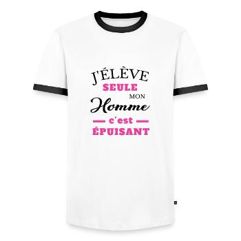 j élève seule mon homme c est épuisant humour girl - T-shirt contrasté Homme - blanc/noir - Devant - AI Model Female 172 light (172cm) & AI Model Male 178 dark (178cm)