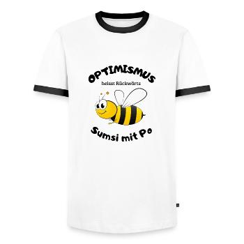 Optimismus heisst rückwärts "Sumsi mit Po" - 2 - Männer Kontrast-T-Shirt - Weiß/Schwarz - Vorne - AI Model Female 172 light (172cm) & AI Model Male 178 dark (178cm)