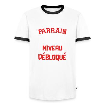 Parrain niveau débloqué. Cadeau annonce grossesse - T-shirt contrasté Homme - blanc/noir - Devant - AI Model Female 172 light (172cm) & AI Model Male 178 dark (178cm)