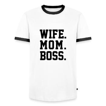 EHEFRAU MUTTER CHEF - Männer Kontrast-T-Shirt - Weiß/Schwarz - Vorne - AI Model Female 172 light (172cm) & AI Model Male 178 dark (178cm)