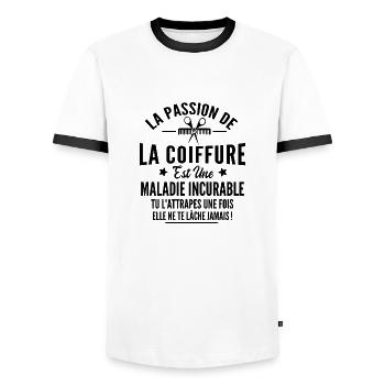 la passion de la coiffure / cadeau humour coiffure - T-shirt contrasté Homme - blanc/noir - Devant - AI Model Female 172 light (172cm) & AI Model Male 178 dark (178cm)