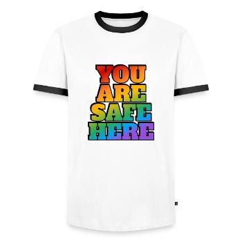 LGBT safe space You are safe here - Men's Ringer Shirt - white/black - Front - AI Model Female 172 light (172cm) & AI Model Male 178 dark (178cm)