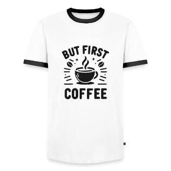But First Coffee - Men's Ringer Shirt - white/black - Front - AI Model Female 172 light (172cm) & AI Model Male 178 dark (178cm)