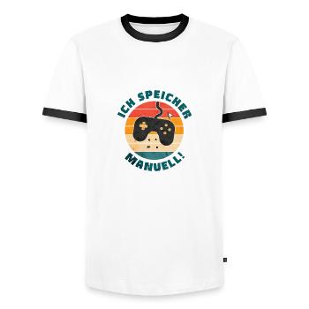 Gift for Gamers - Fun Retro Gaming Design - Men's Ringer Shirt - white/black - Front - AI Model Female 172 light (172cm) & AI Model Male 178 dark (178cm)