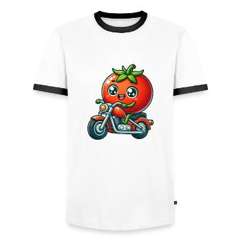 Drôle de tomate chevauchant sur la moto - T-shirt contrasté Homme - blanc/noir - Devant - AI Model Female 172 light (172cm) & AI Model Male 178 dark (178cm)