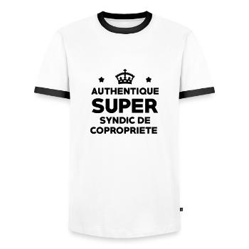 Immobilier / Appartement / Maison / Syndic - T-shirt contrasté Homme - blanc/noir - Devant - AI Model Female 172 light (172cm) & AI Model Male 178 dark (178cm)