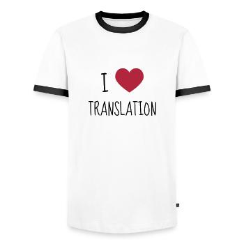 traducteur / traduction / traductrice / traduire - T-shirt contrasté Homme - blanc/noir - Devant - AI Model Female 172 light (172cm) & AI Model Male 178 dark (178cm)