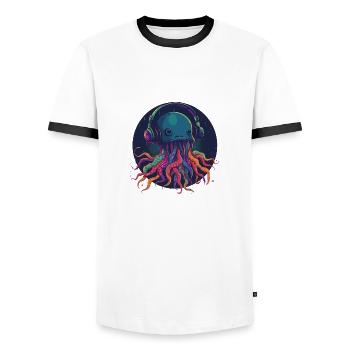Techno Jellyfish - Cool jellyfish with headphones - Men's Ringer Shirt - white/black - Front - AI Model Female 172 light (172cm) & AI Model Male 178 dark (178cm)
