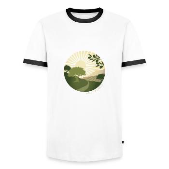 Hiking through olive groves - Men's Ringer Shirt - white/black - Front - AI Model Female 172 light (172cm) & AI Model Male 178 dark (178cm)