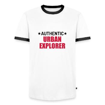 Urbex / Urban Exploration / Explorer / Cataphile - Men's Ringer Shirt - white/black - Front - AI Model Female 172 light (172cm) & AI Model Male 178 dark (178cm)