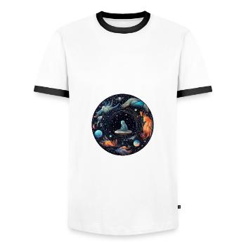 Cosmic Journeys - Men's Ringer Shirt - white/black - Front - AI Model Female 172 light (172cm) & AI Model Male 178 dark (178cm)