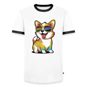 Kawaii Cute Happy Dog with Sunglasses - Men's Ringer Shirt - white/black - Front - AI Model Female 172 light (172cm) & AI Model Male 178 dark (178cm)