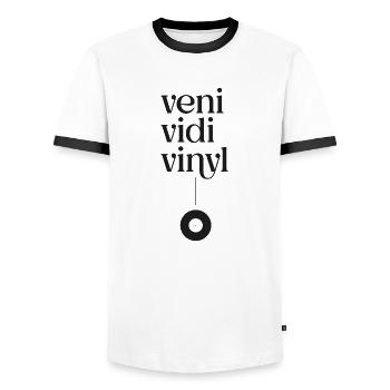 Veni Vidi Vinyl - Men's Ringer Shirt - white/black - Front - AI Model Female 172 light (172cm) & AI Model Male 178 dark (178cm)