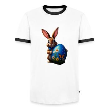 Kleiner Osterhase mit blauem Osterei - Männer Kontrast-T-Shirt - Weiß/Schwarz - Vorne - AI Model Female 172 light (172cm) & AI Model Male 178 dark (178cm)