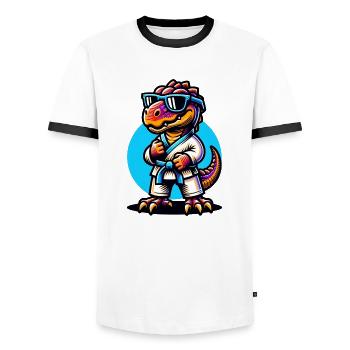 Cooler Karate Dino mit Sonnenbrille - Männer Kontrast-T-Shirt - Weiß/Schwarz - Vorne - AI Model Female 172 light (172cm) & AI Model Male 178 dark (178cm)